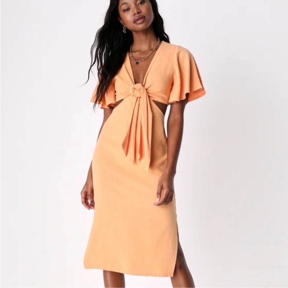 Vici linen blend tangerine plunge tie midi dress Small